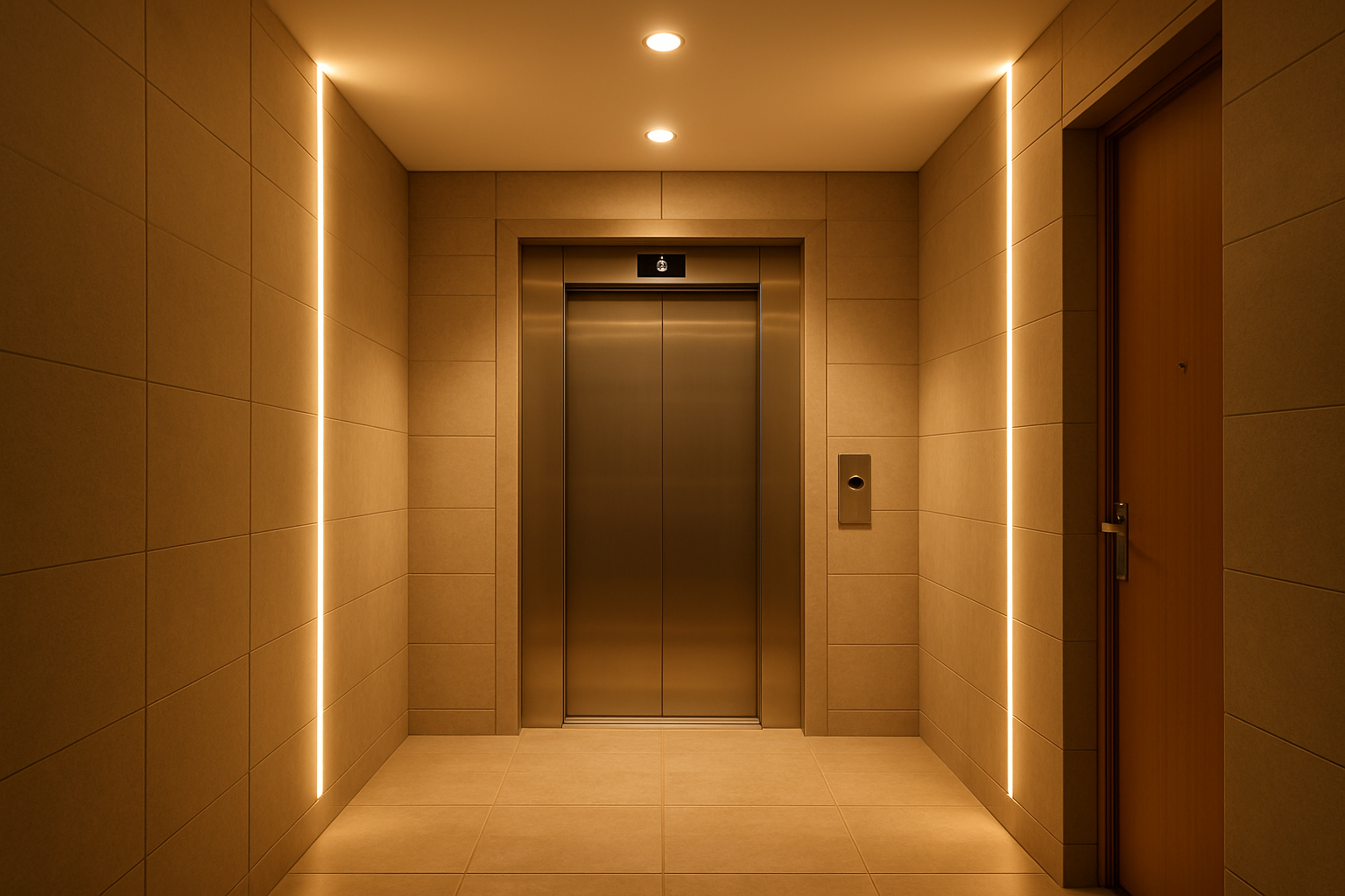 hall de elevador de predio residencial moderno com porta de aco escovado e luz quente