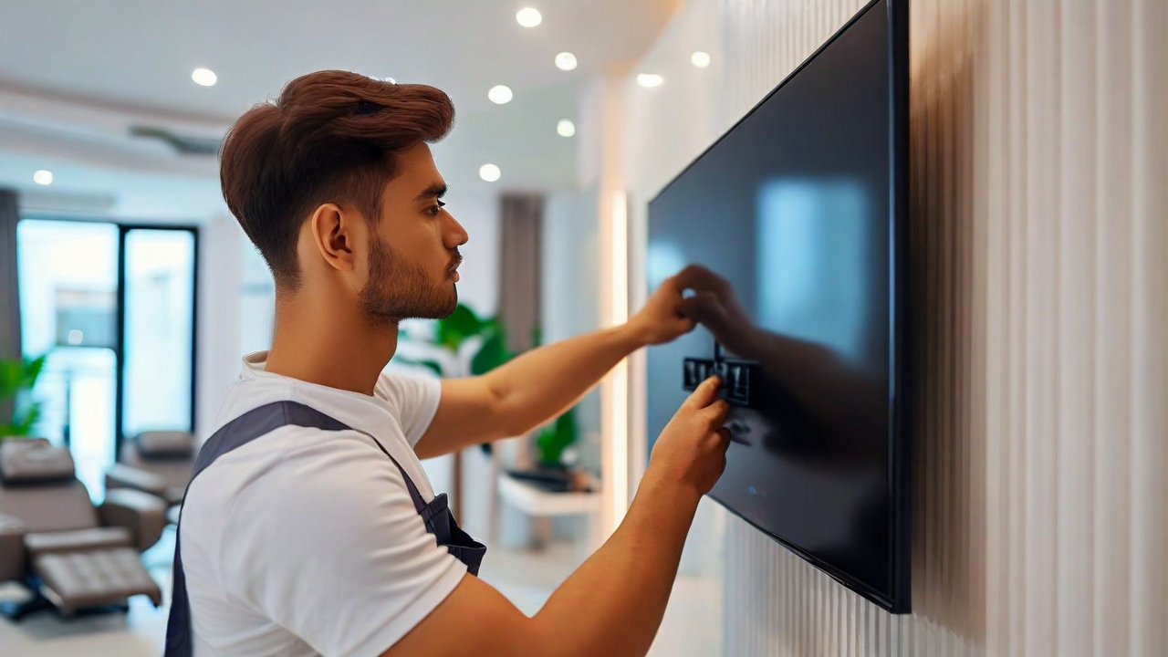 tecnico instalando suporte de TV na parede de um salao de beleza, vista lateral