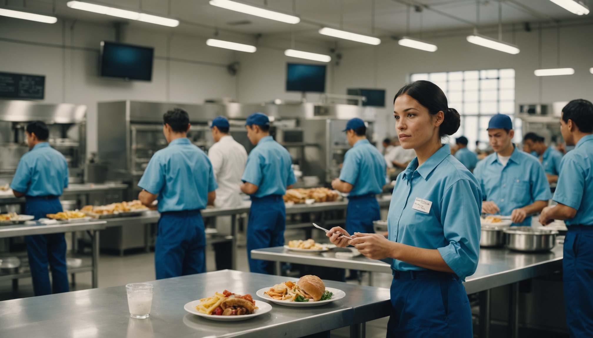 refeitorio de fabrica na hora do almoco, funcionarios de uniforme, TV ao fundo fora de foco