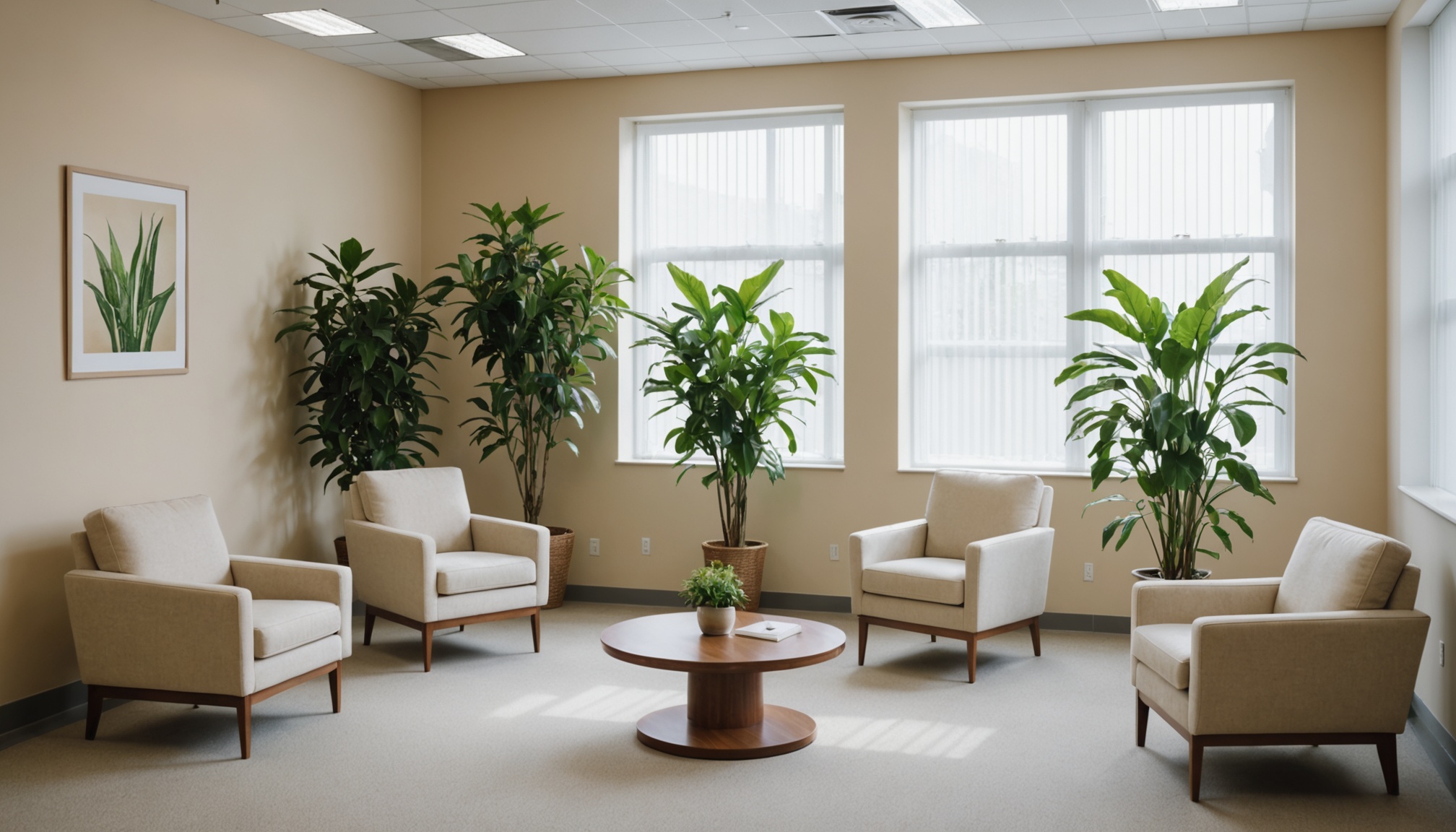sala de espera de clinica medica com poltronas claras e plantas, luz natural suave