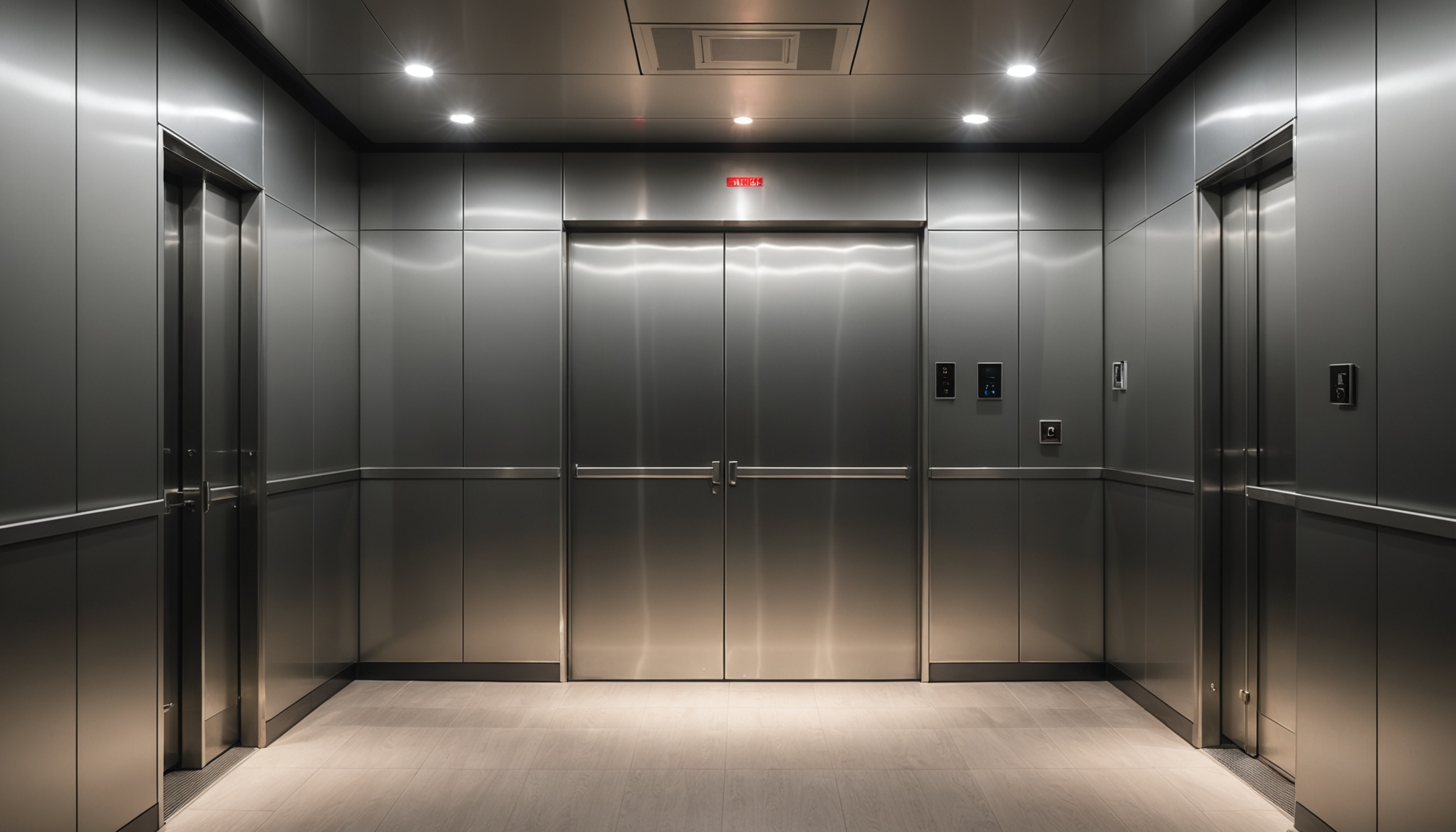 hall de elevador de predio residencial moderno com porta de aco escovado e luz quente