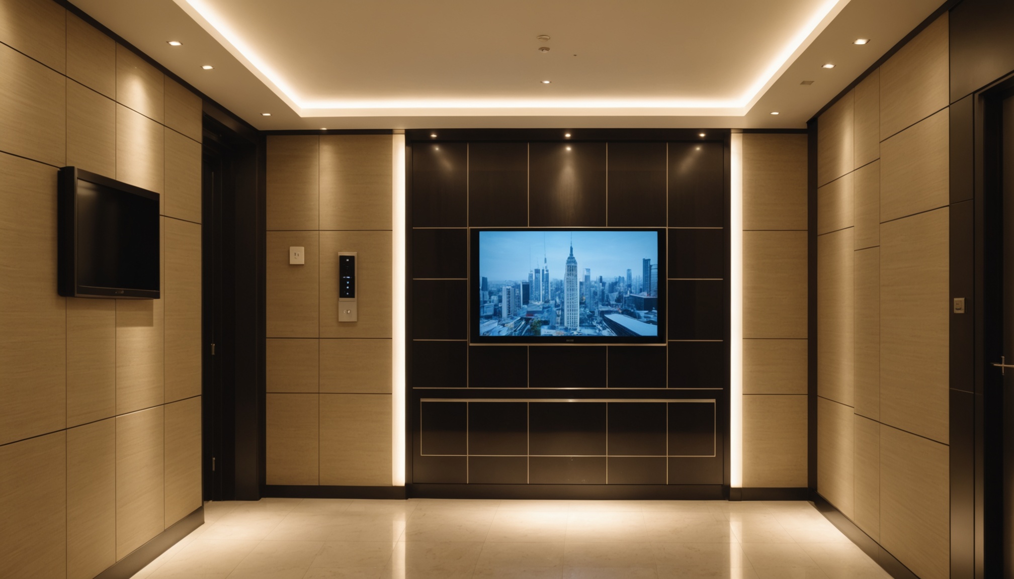 hall de elevador de predio residencial moderno com TV vertical na parede, luz quente
