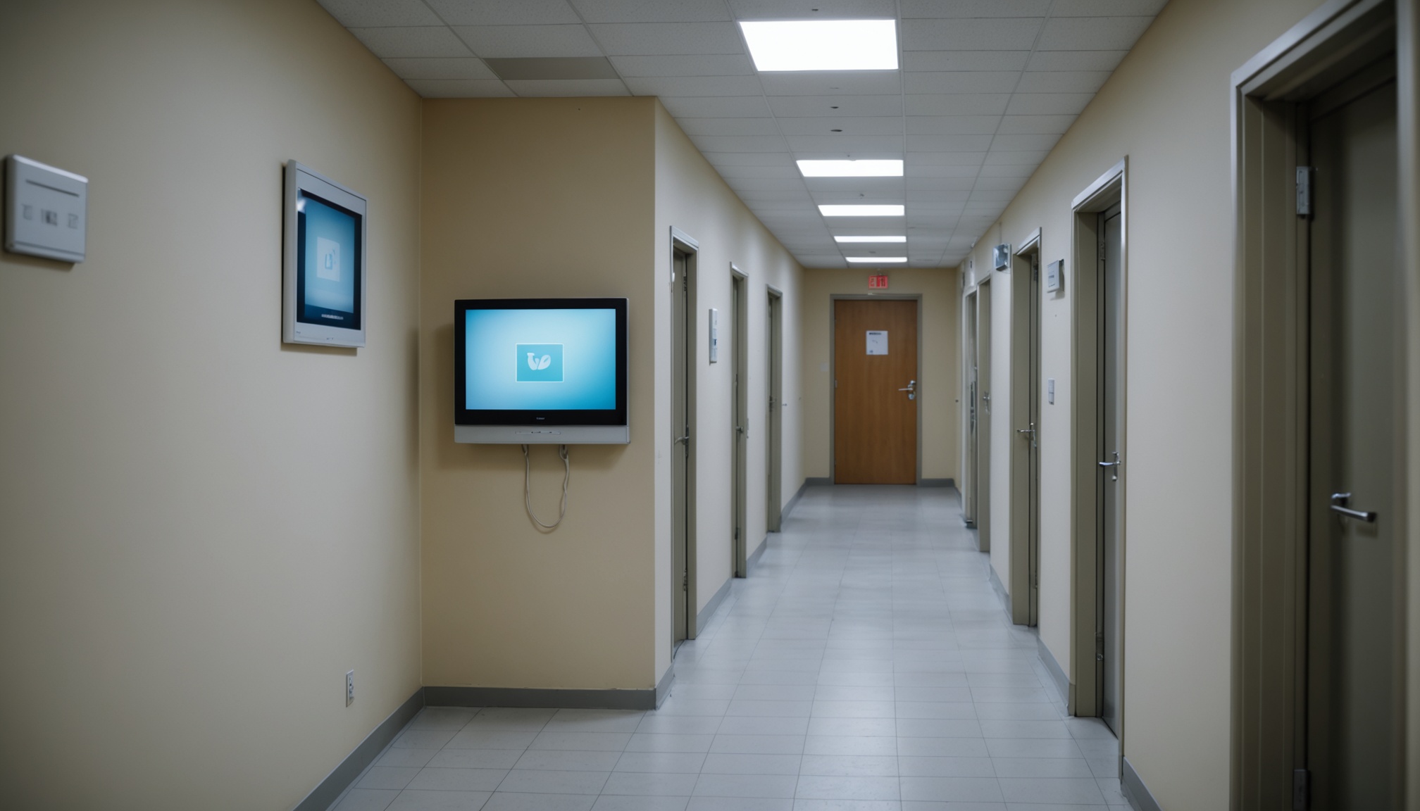 corredor estreito de clinica com TV vertical na parede lateral, luz fria, desfocada