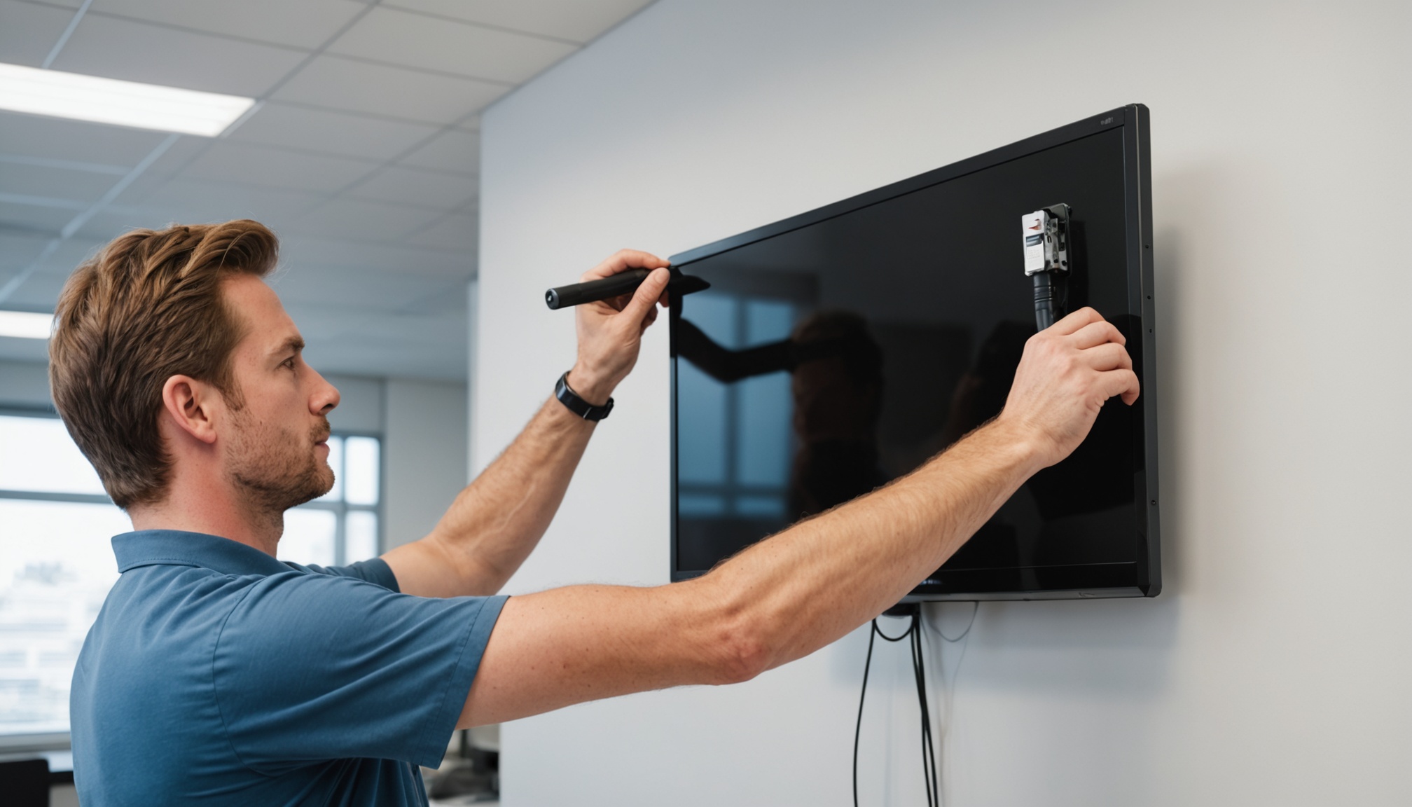 tecnico instalando suporte de TV em parede branca de recepcao comercial, vista lateral, luz fluorescente
