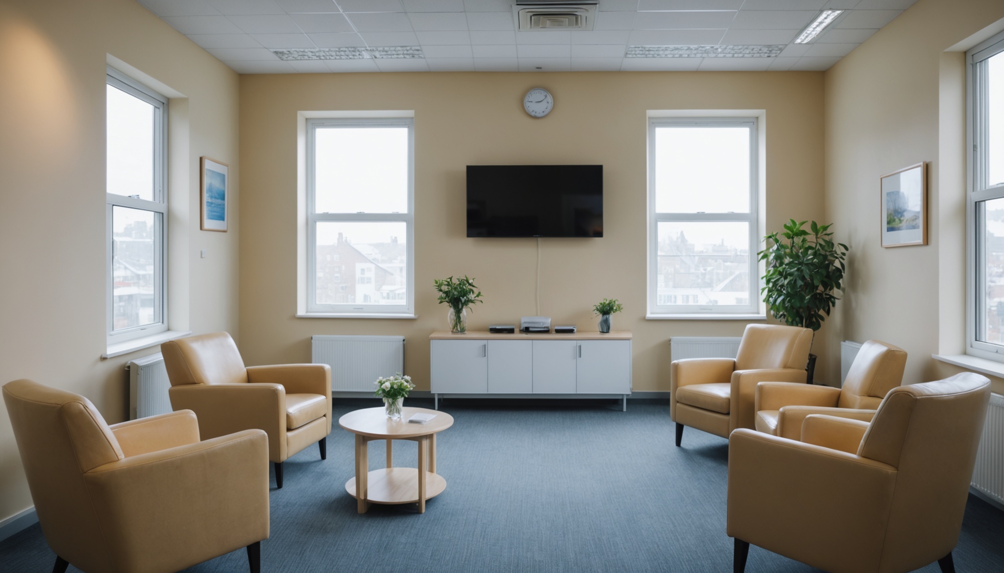 sala de espera de clinica com poltronas claras e televisao na parede ao fundo, luz natural, desfocada