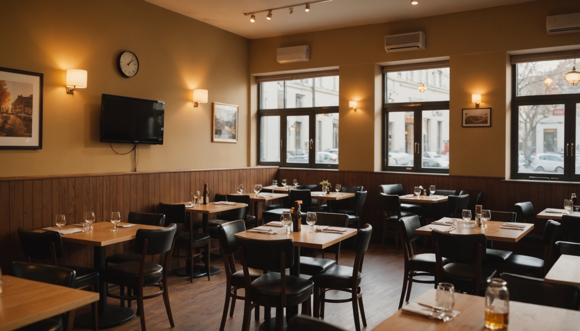 restaurante com mesas ocupadas e TV na parede ao fundo desfocada, luz quente de fim de tarde