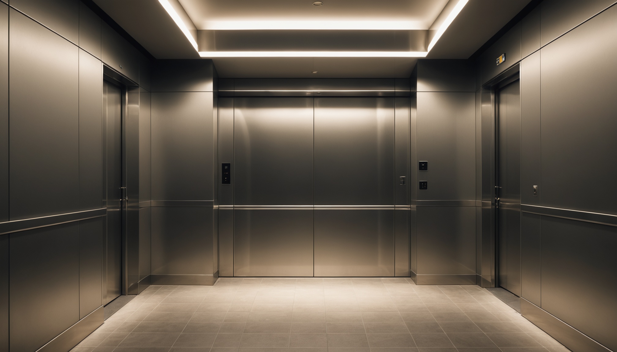 hall de elevador de predio residencial moderno com porta de aco escovado e luz quente