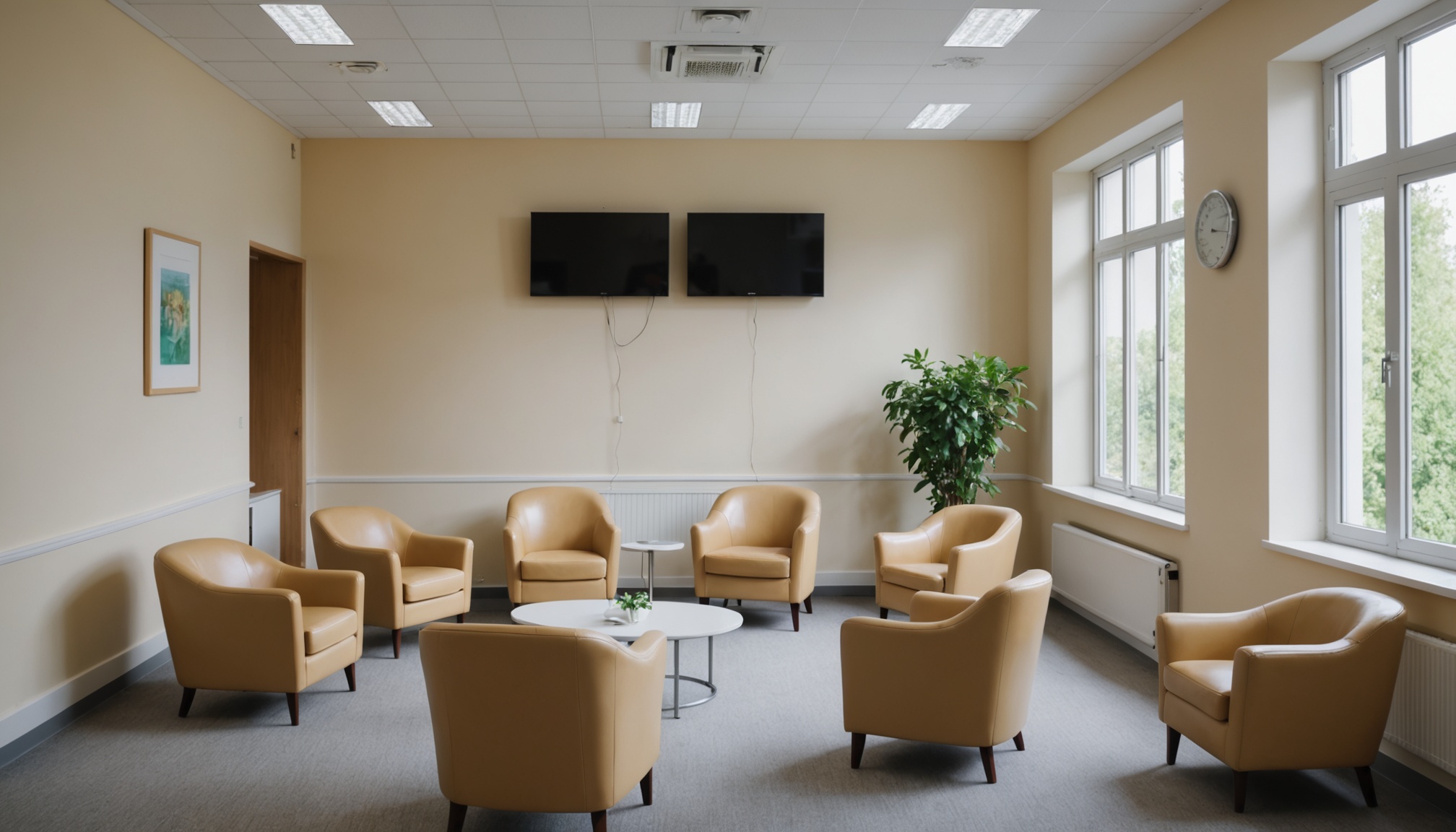 sala de espera de clinica com poltronas claras e televisao na parede ao fundo, luz natural, desfocada