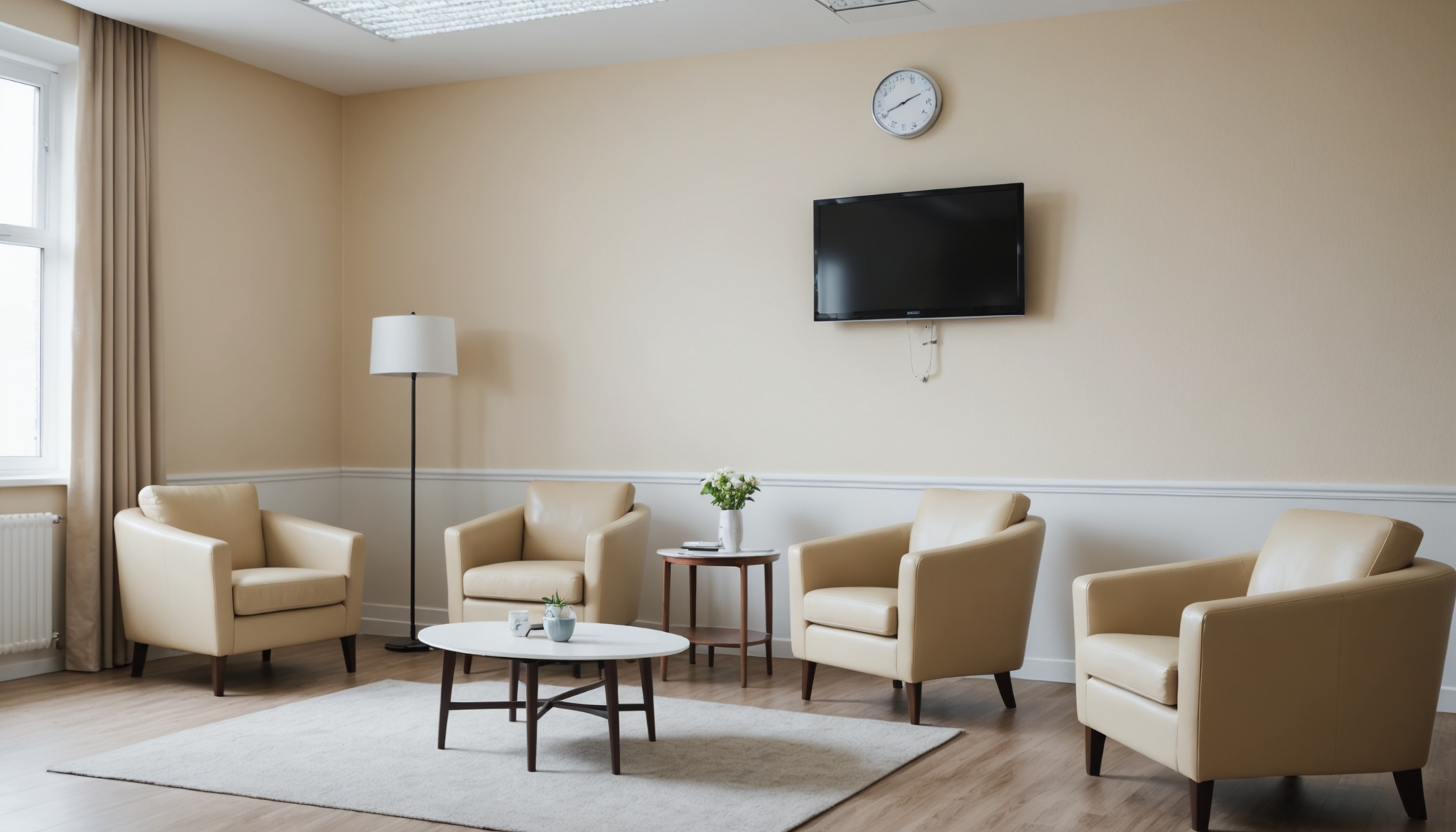 sala de espera de clinica com poltronas claras e televisao na parede ao fundo desfocada, luz natural suave