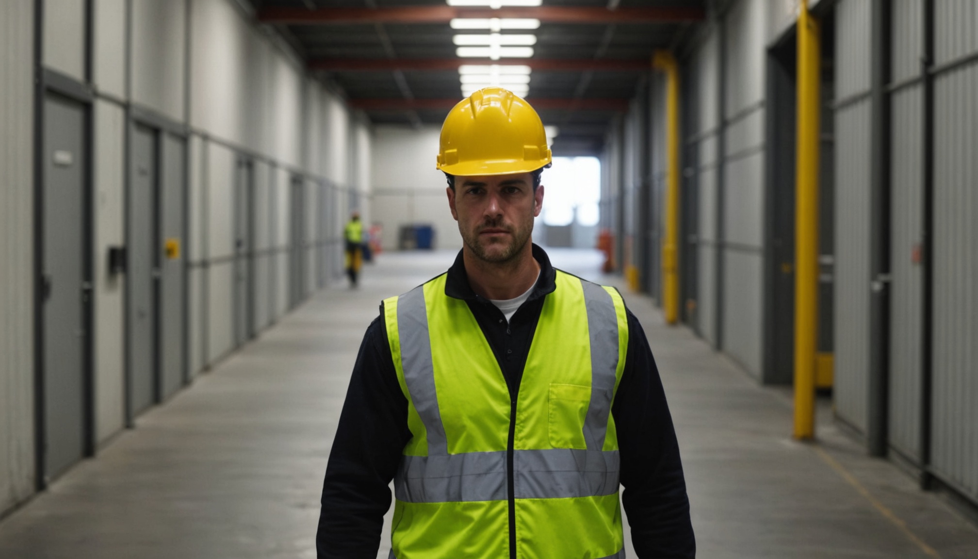 corredor de acesso a galpao industrial com trabalhador de uniforme e capacete caminhando, luz industrial ao fundo