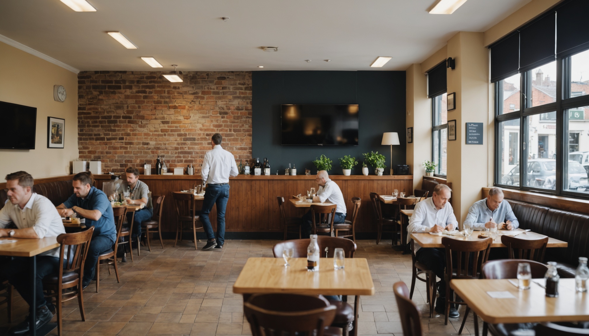 restaurante movimentado na hora do almoco com mesas ocupadas e TV na parede ao fundo desfocada