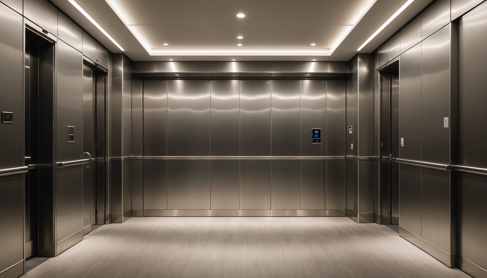 hall de elevador de predio residencial moderno com porta de aco escovado e luz quente