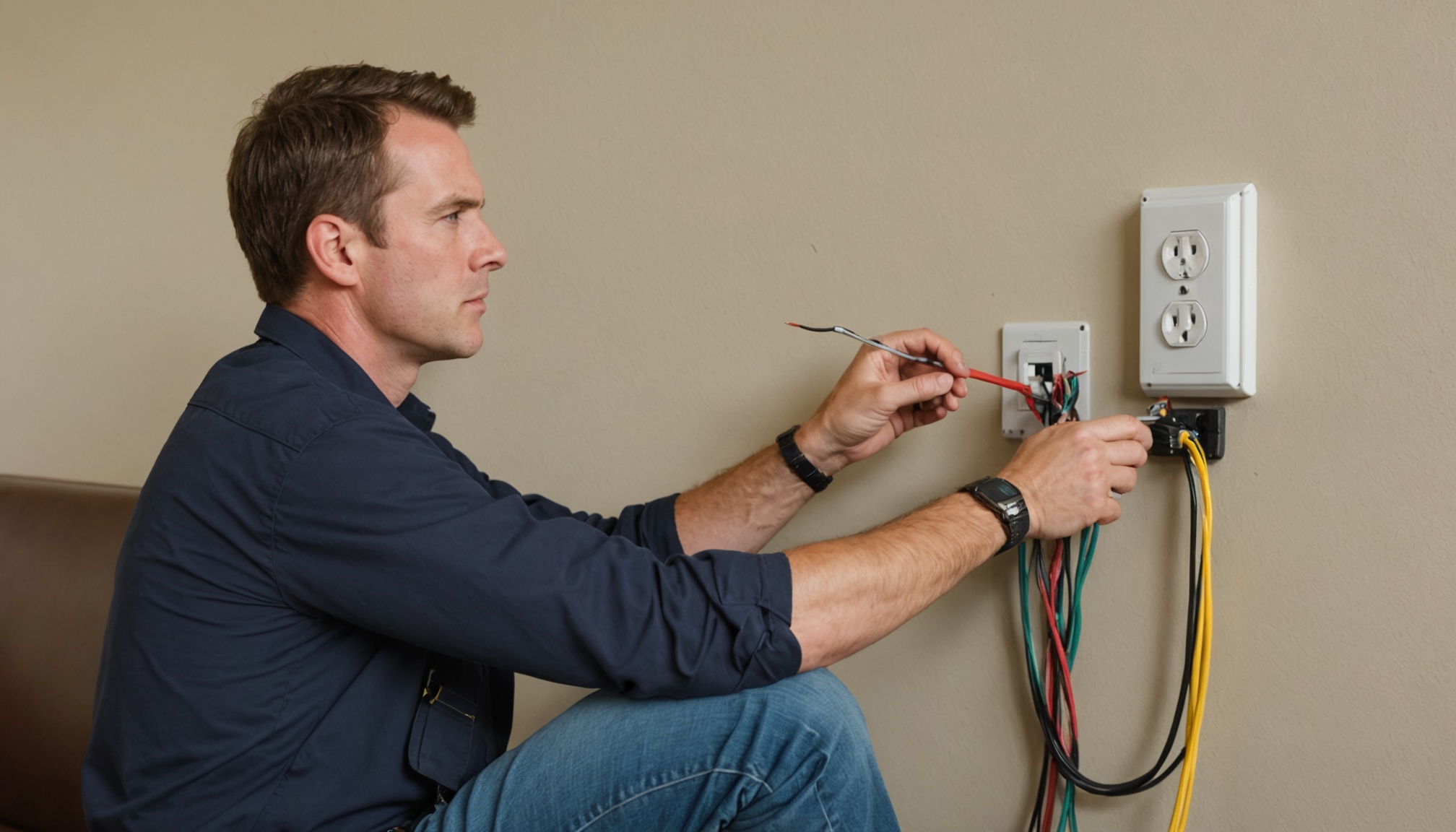 eletricista verificando tomada e fiacao na parede de uma sala de espera comercial, vista lateral, luz natural