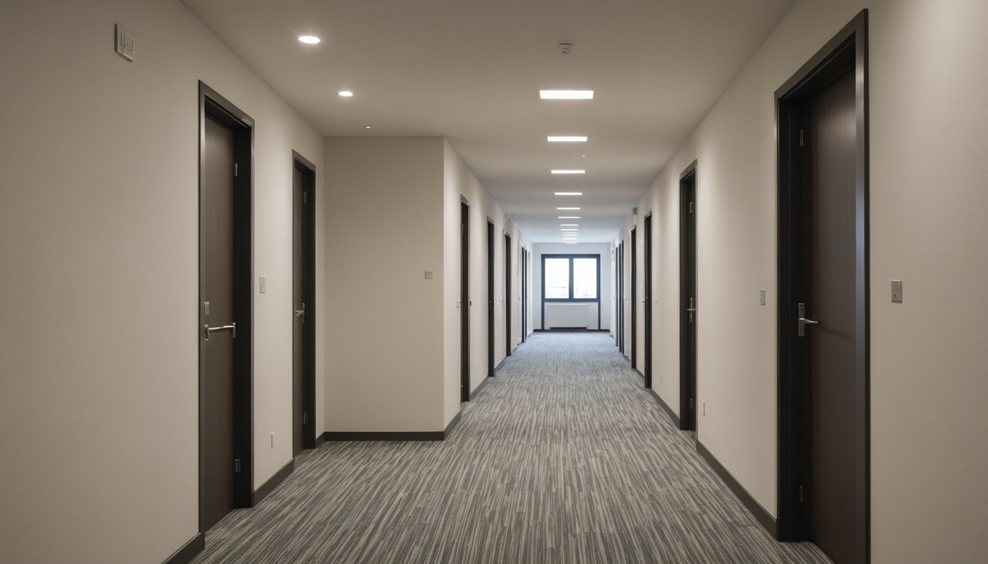 corredor de apartamentos de investidores em edifício moderno, porta entreaberta, luz natural