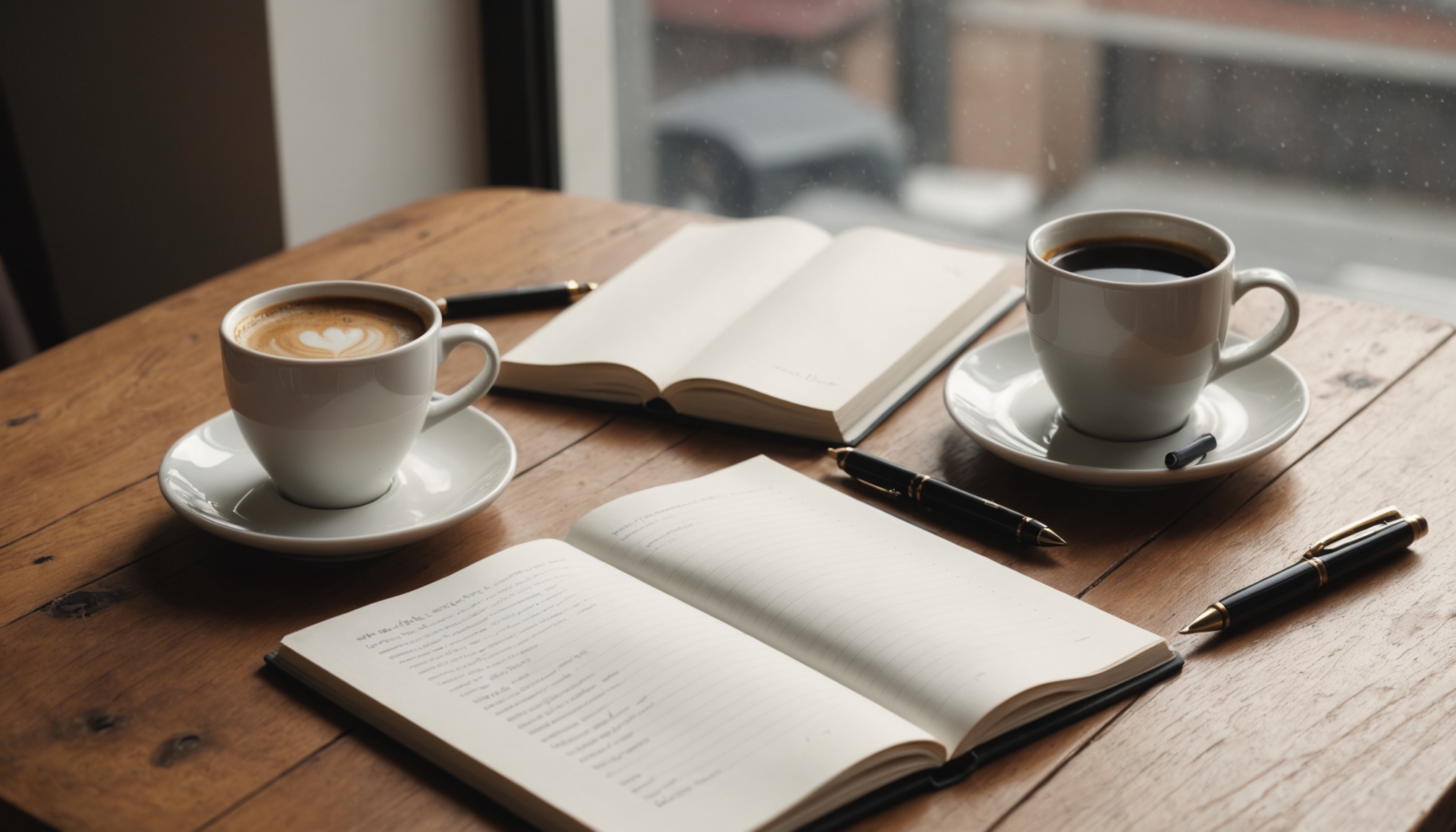 mesa de madeira com caderno aberto, caneta e xícara de café, luz natural de janela