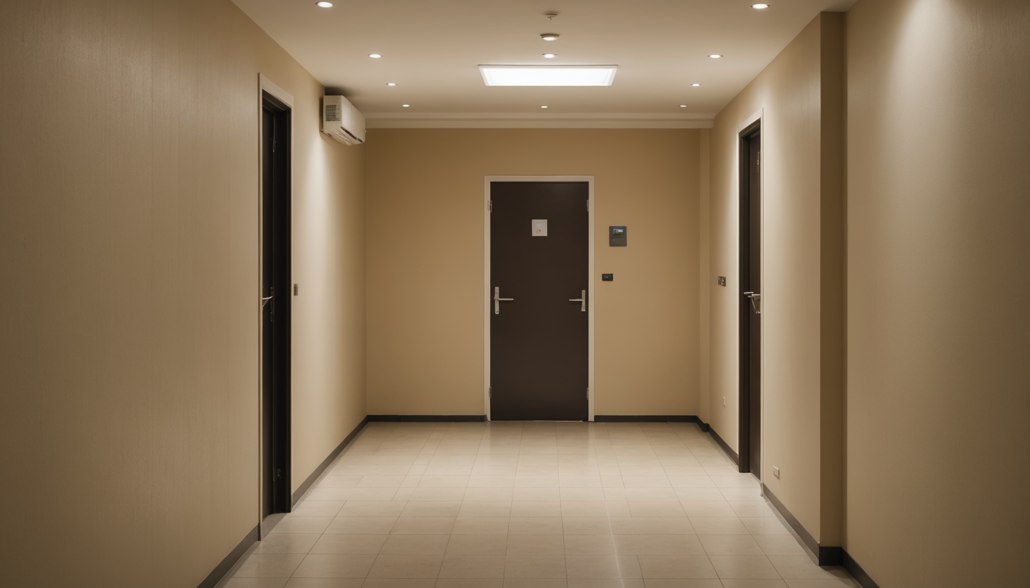 corredor de edifício residencial com porta de apartamento e painel de acesso na parede, luz suave