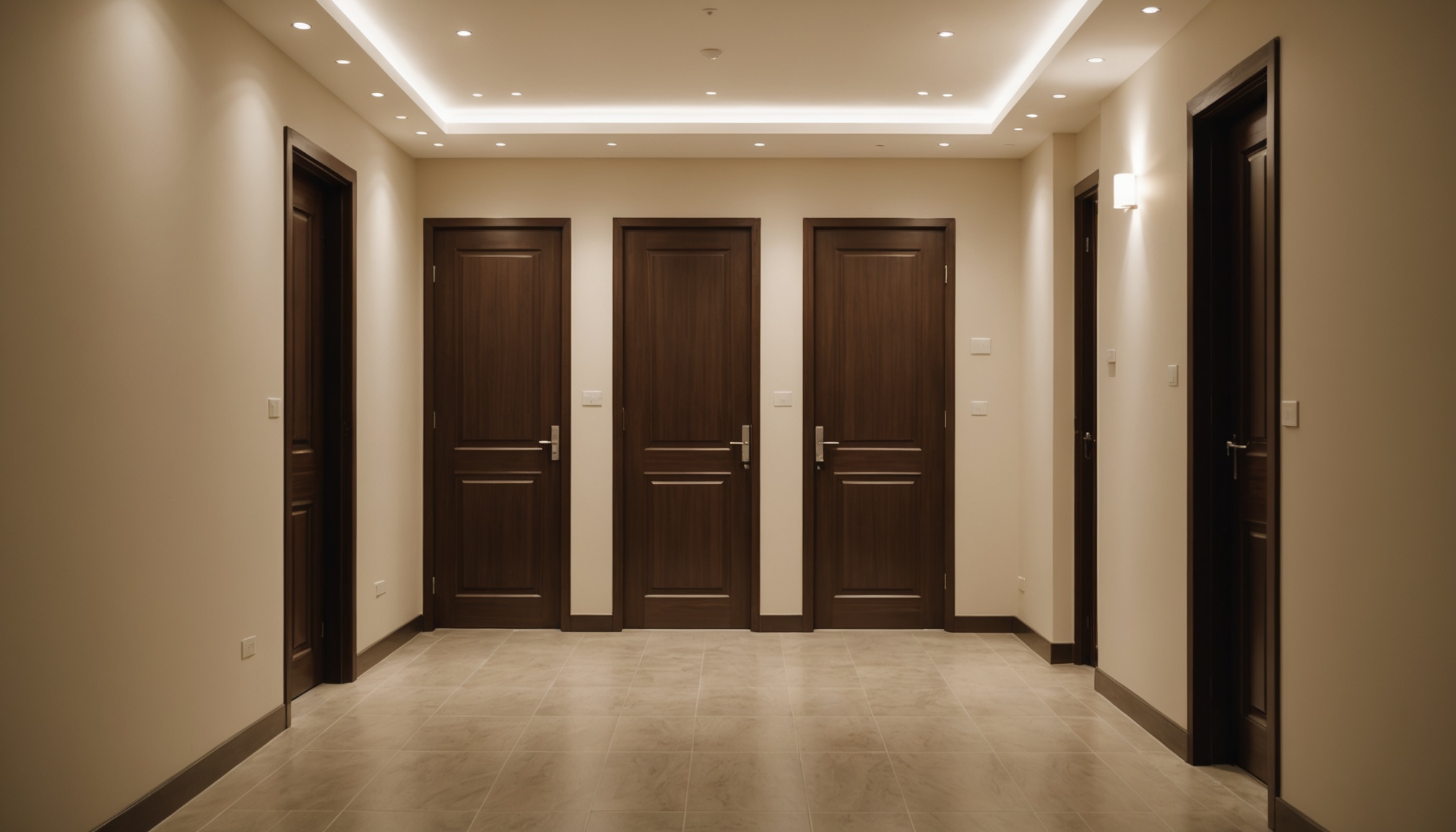 corredor de edifício residencial moderno com duas portas de apartamento e iluminação interna quente