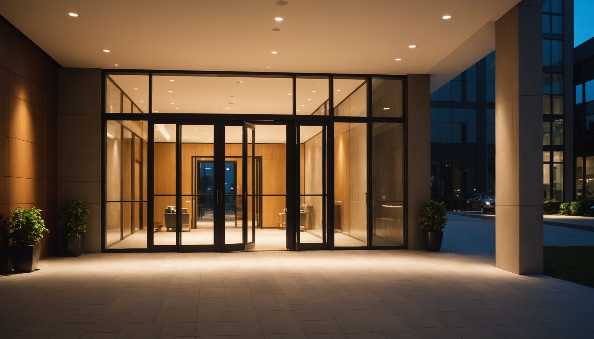 hall de edifício residencial moderno com portão de vidro entreabert e luz quente à noite