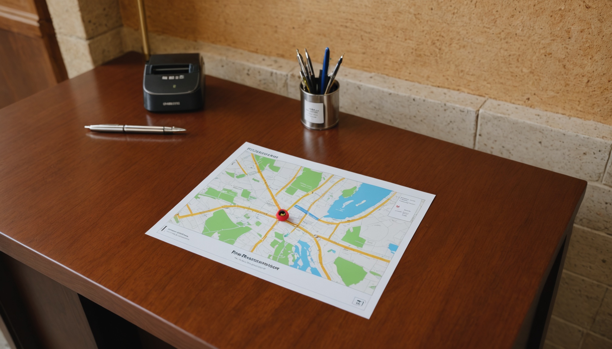 mapa de reservas em papel sobre mesa de recepção de pousada, caneta ao lado