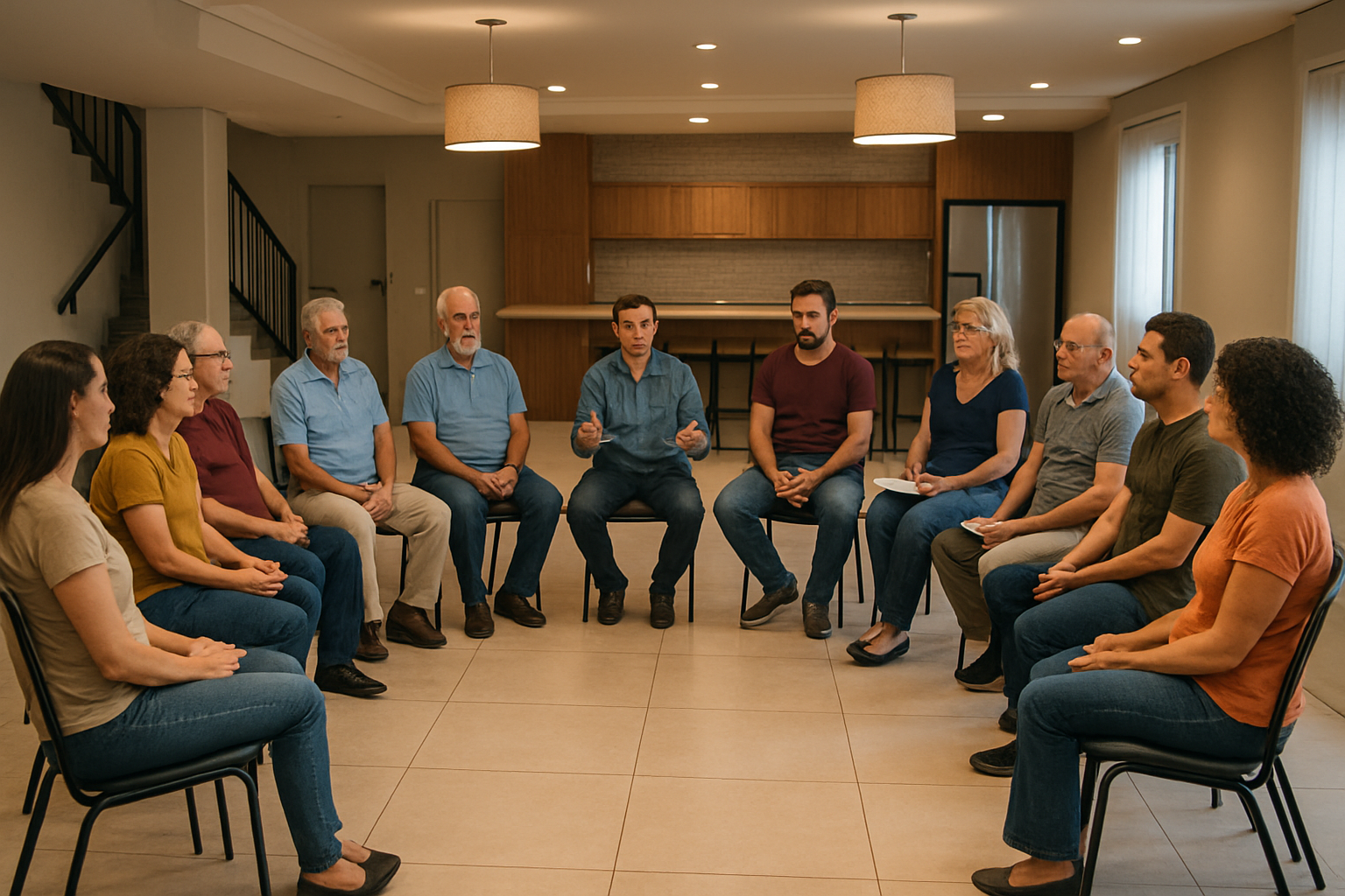 reuniao de condominio no salao de festas, cadeiras em semicirculo, pessoas adultas de diferentes idades