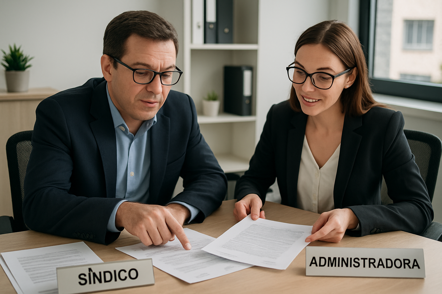 sindico conversando com administradora em mesa de escritorio, documentos abertos