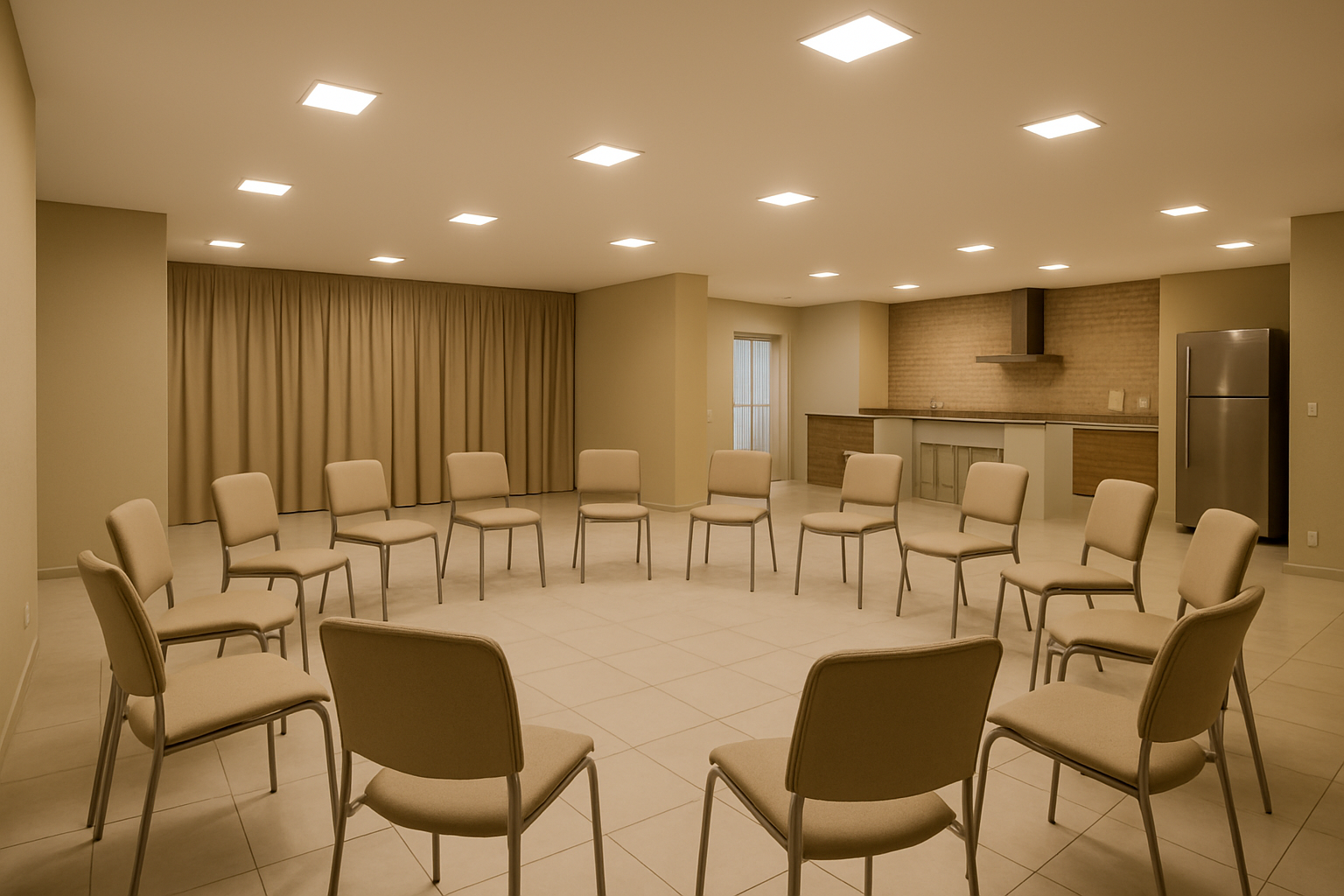 salao de festas de condominio com cadeiras vazias em semicirculo, luz artificial, ambiente vazio