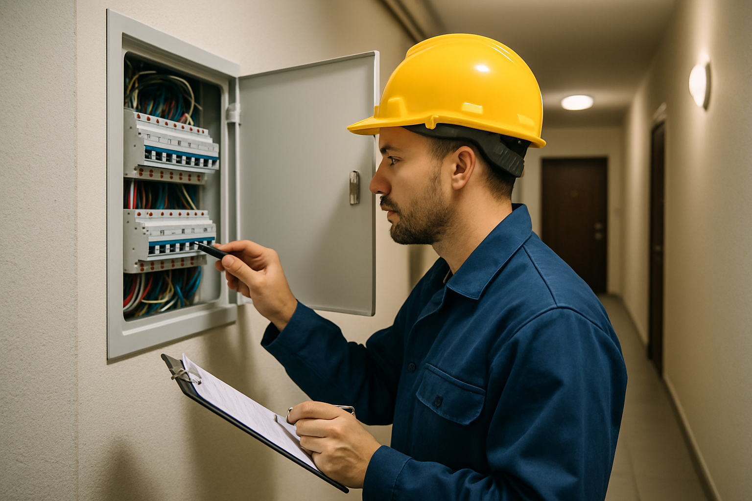 operario com capacete inspecionando painel eletrico em corredor de predio residencial
