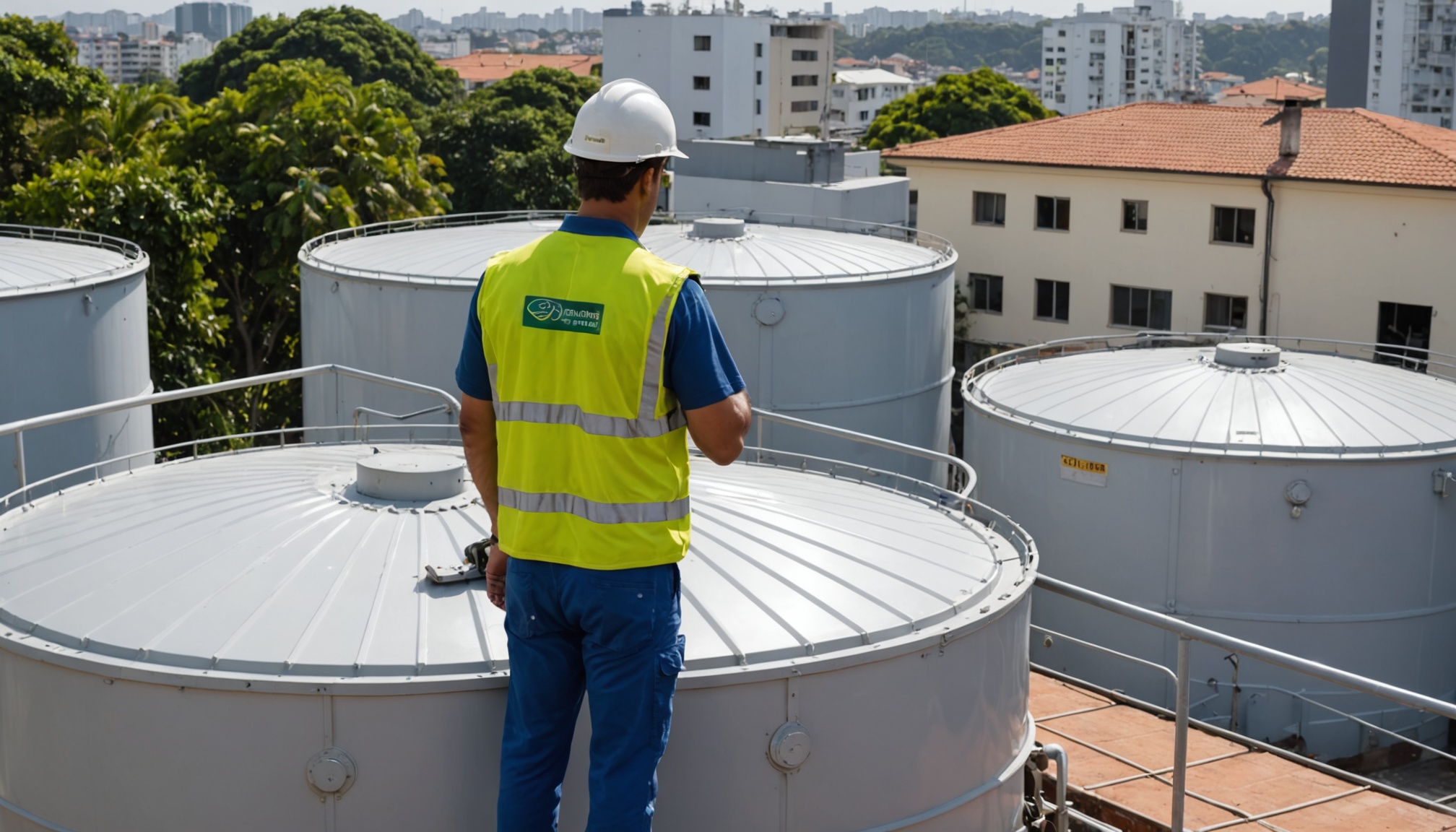 zelador inspecionando caixa d agua em cobertura de predio residencial brasileiro