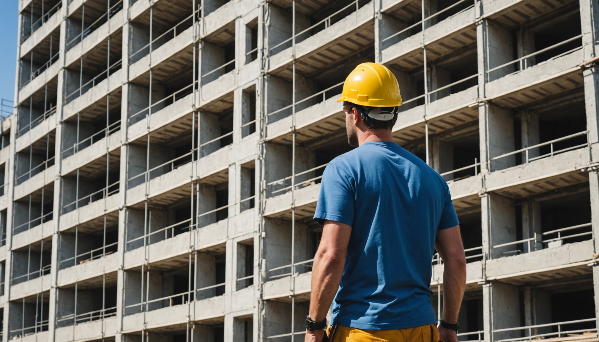 operario com capacete em obra de fachada de predio residencial, andaime ao fundo, dia claro