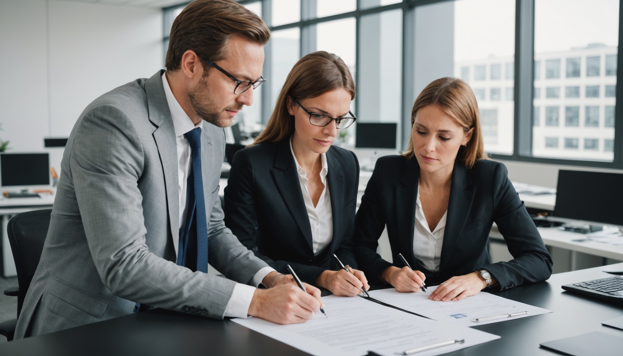 sindico e representante de empresa analisando contrato em mesa de escritorio