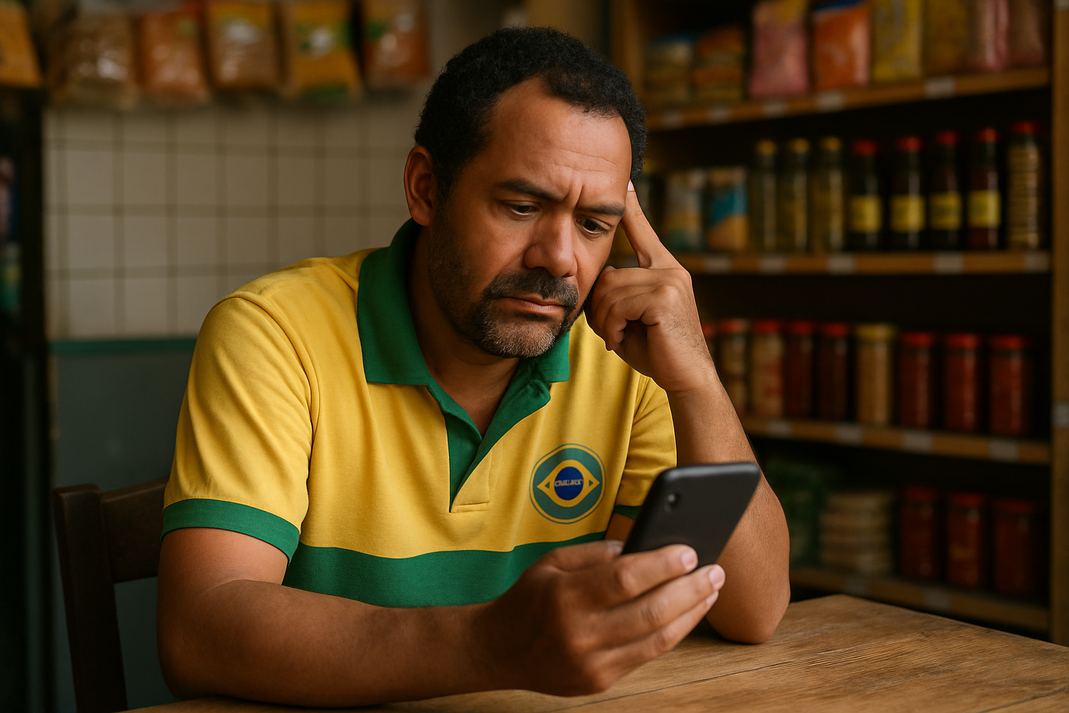 vendedor brasileiro sentado à mesa olhando para celular com expressão pensativa