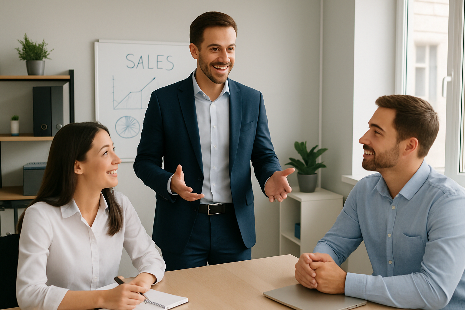 gestor de vendas em pé conversando com dois vendedores ao redor de mesa clara em escritório pequeno