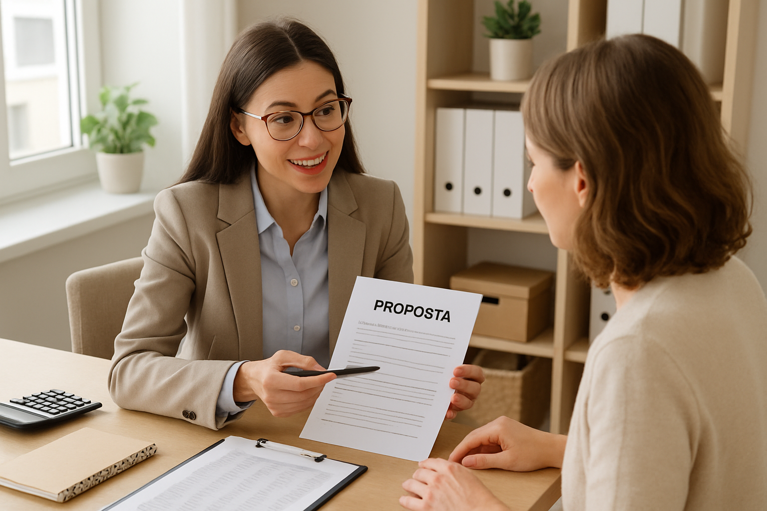 contadora explicando proposta a cliente em escritório pequeno e claro
