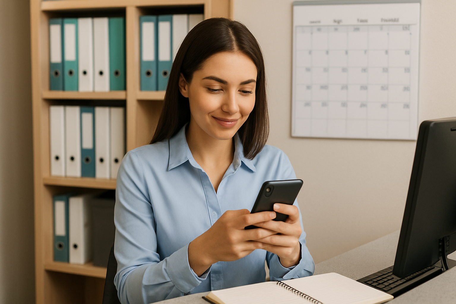 secretária em recepção de consultório olhando para celular com agenda ao fundo