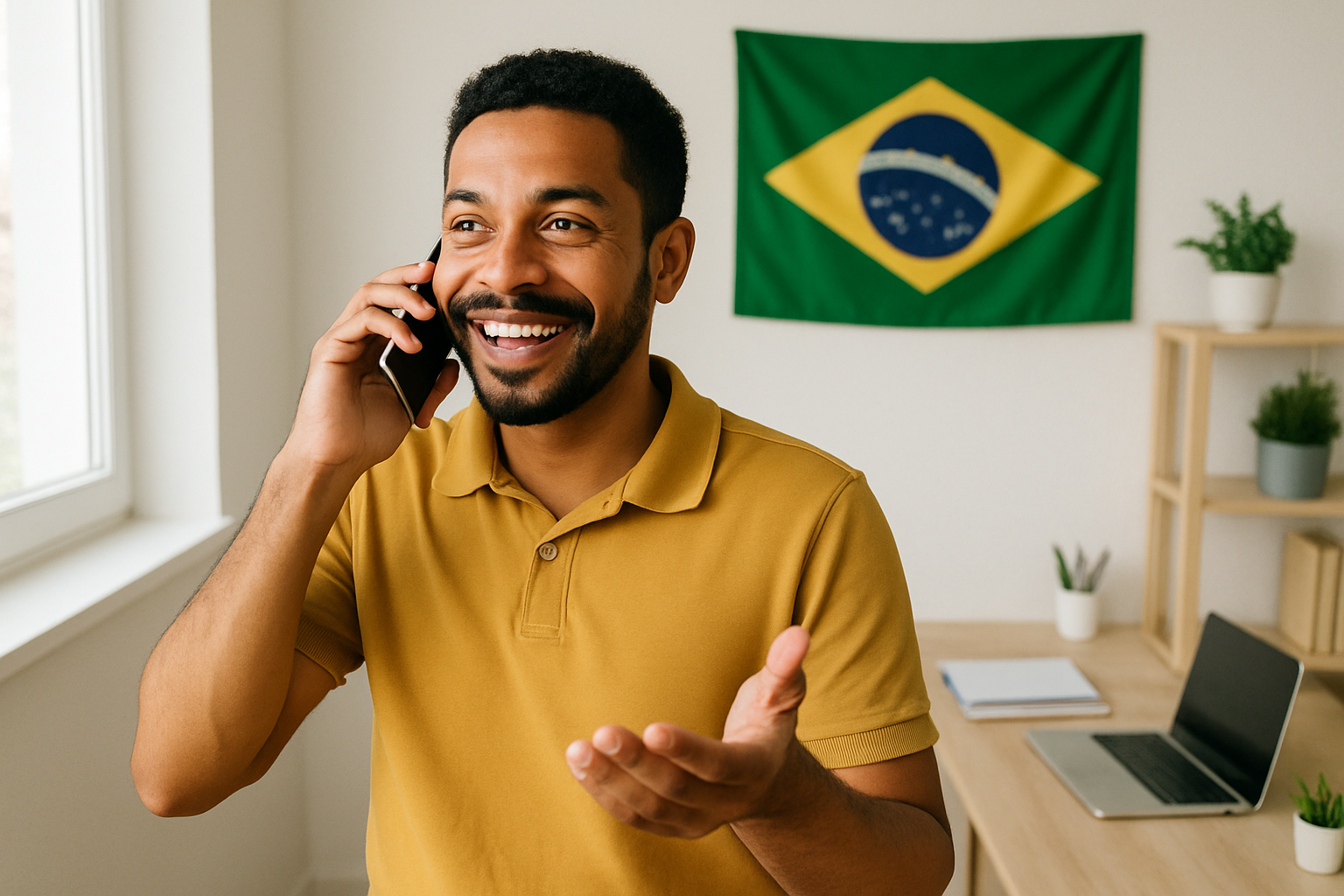vendedor brasileiro conversando ao telefone em escritório pequeno e claro, mesa organizada ao fundo