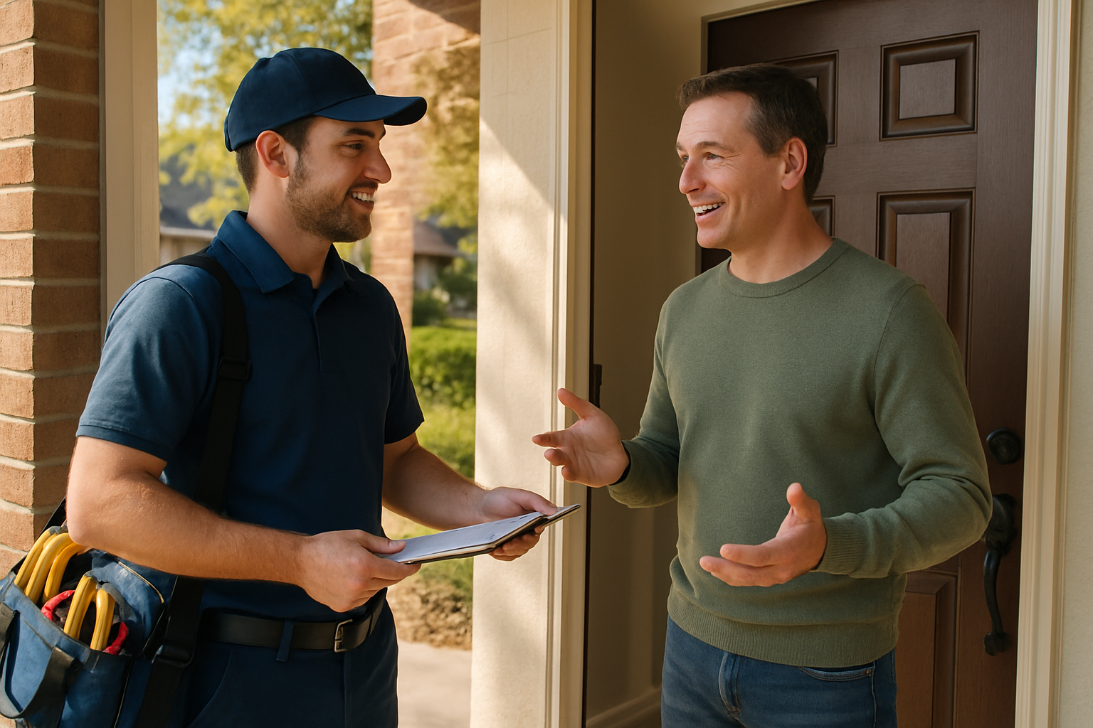 técnico de instalação conversando com cliente na porta de uma casa, luz natural de tarde