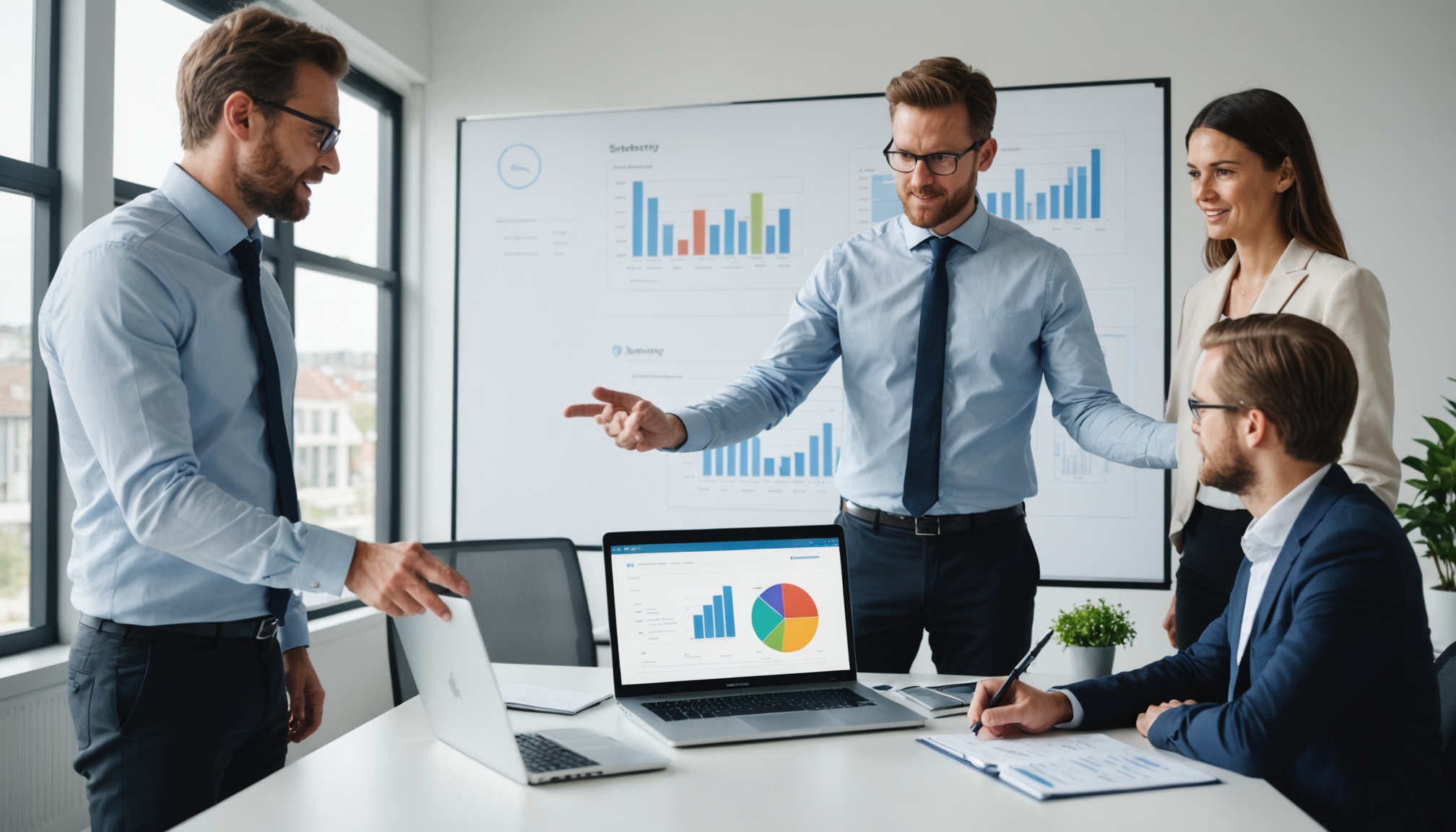 gestor de vendas apresentando painel em notebook para pequena equipe em sala clara