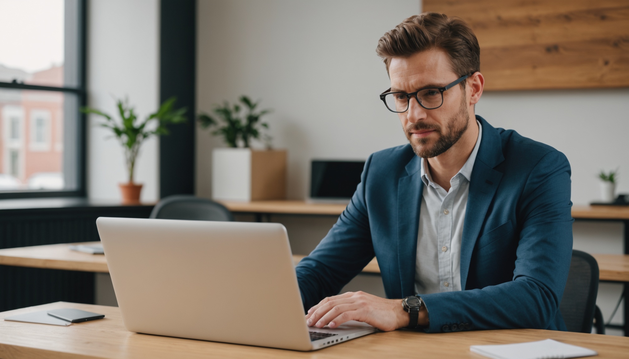 dono de pequena empresa olhando para notebook aberto sobre mesa de madeira clara, escritório simples ao fundo