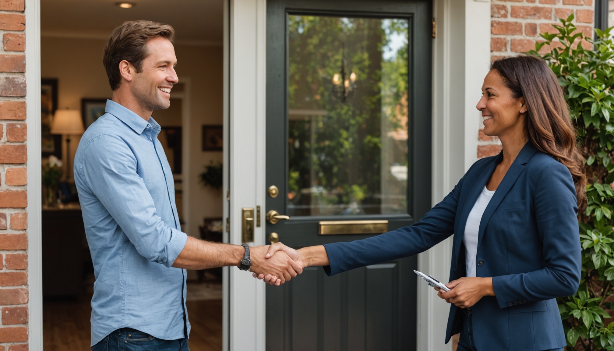 corretor de imoveis apertando a mao de cliente na porta de um apartamento ensolarado