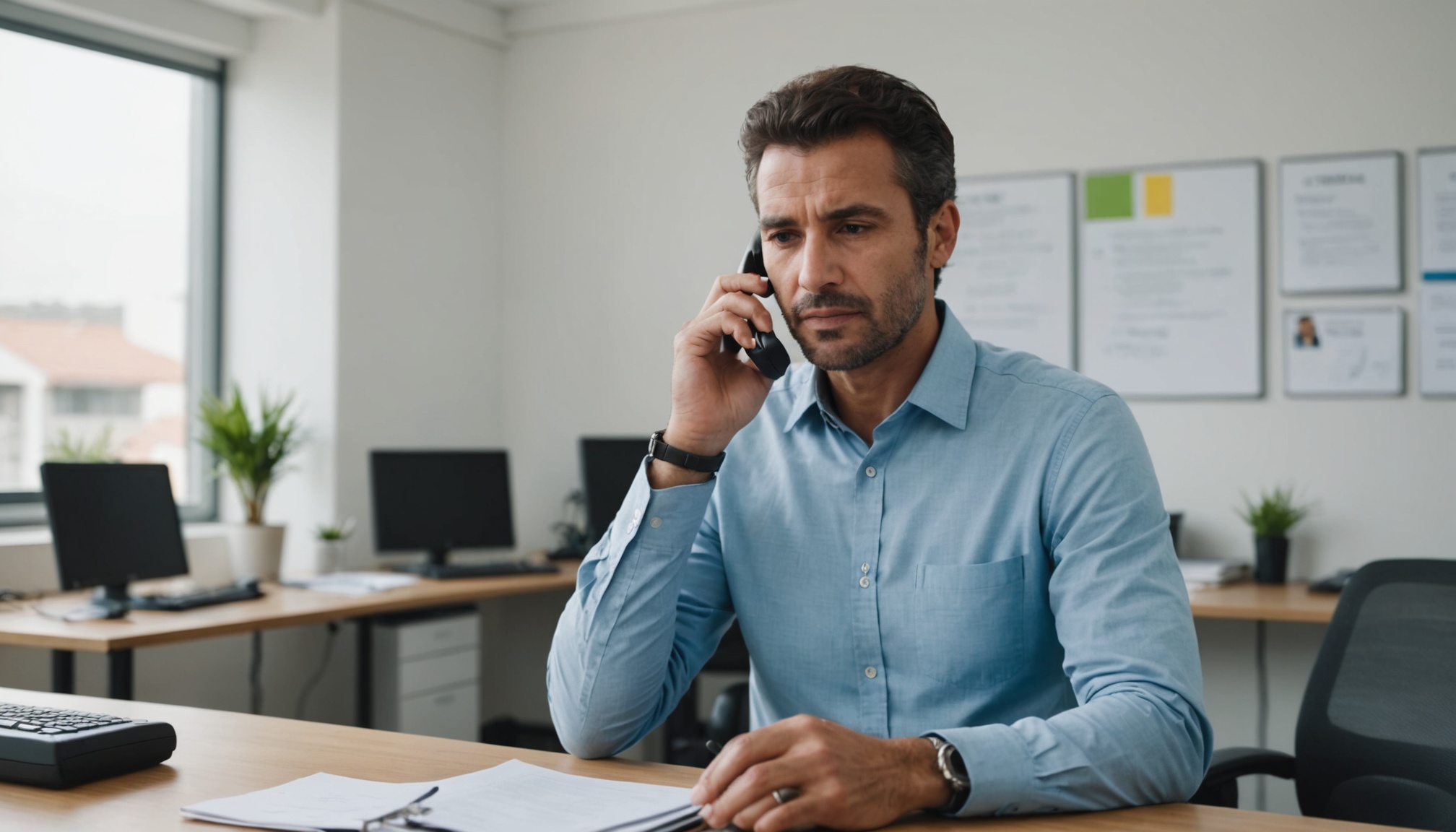 vendedor brasileiro concentrado ao telefone em escritório pequeno e claro